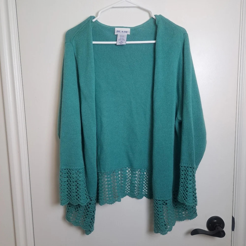 Blair Blue Crochet Boho Lagenlook Cottagecore Fairy‎ Open Cardigan Size Large - Picture 2 of 5